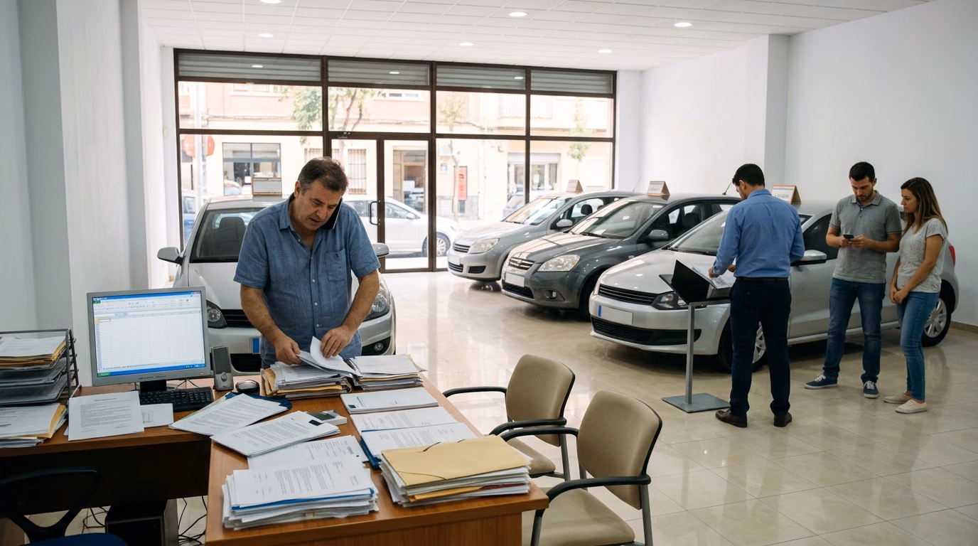 El dueño del concesionario rebuscando entre carpetas mientras habla por teléfono, con dos clientes esperando sin que nadie les atienda