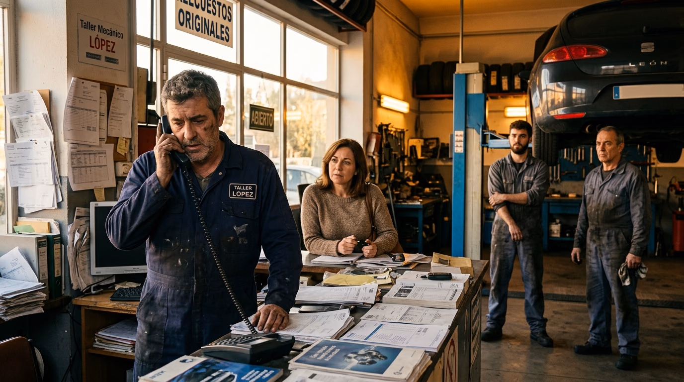 El dueño del taller al teléfono entre papeles, una clienta esperando y dos mecánicos parados sin saber qué hacer