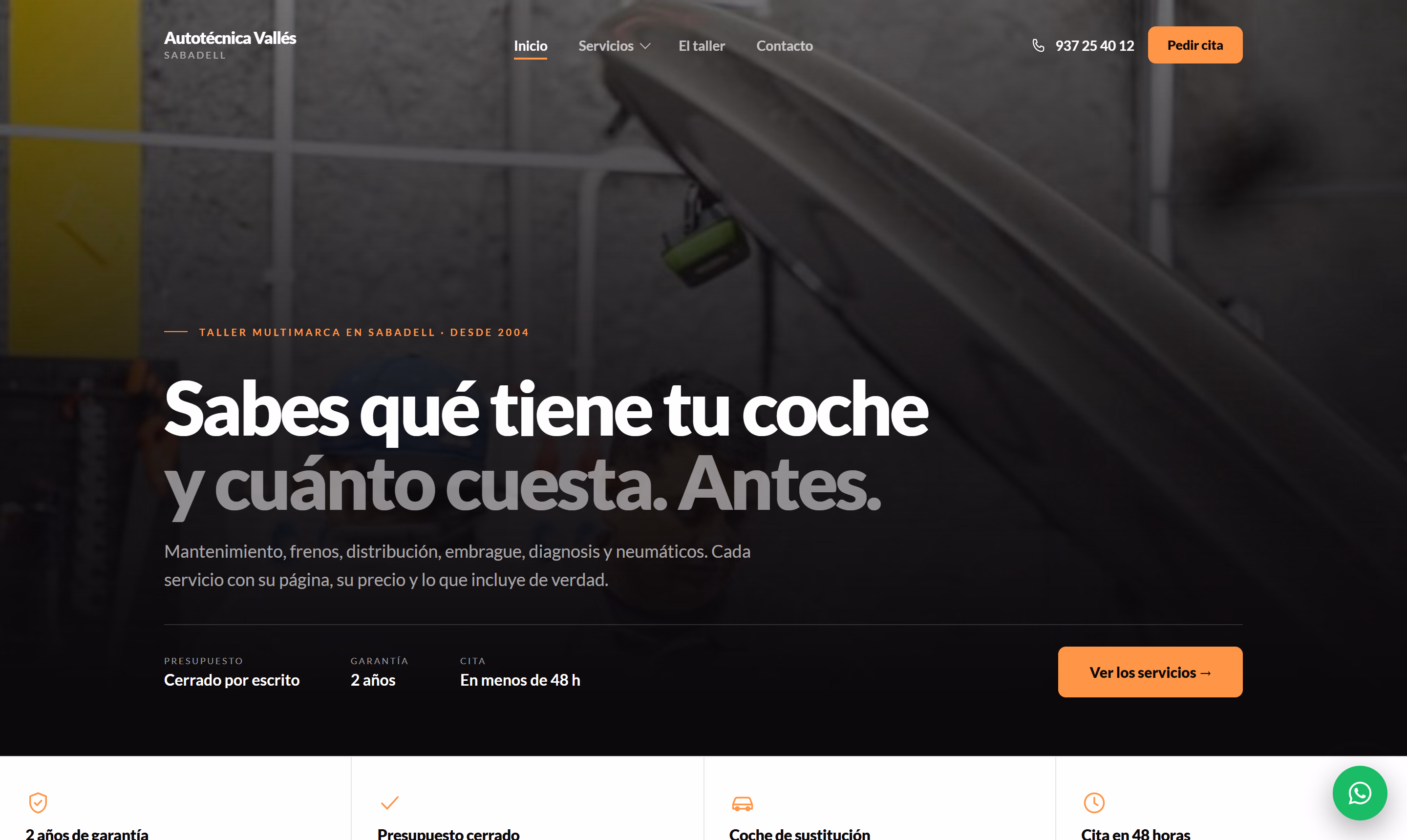 La web de un taller multimarca, con sus servicios, sus garantías y el botón de pedir cita